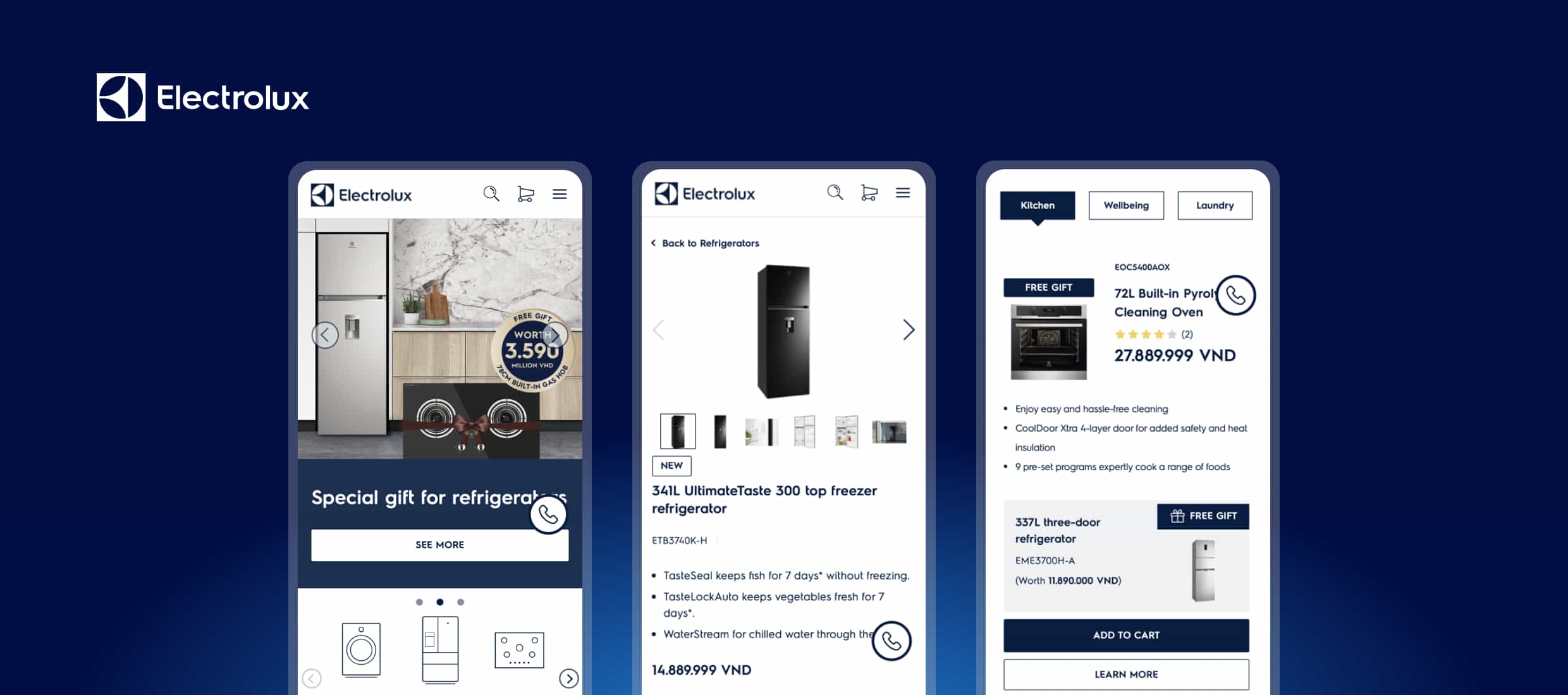 Electrolux mobile view showing refrigerators, oven deals, and kitchen appliances