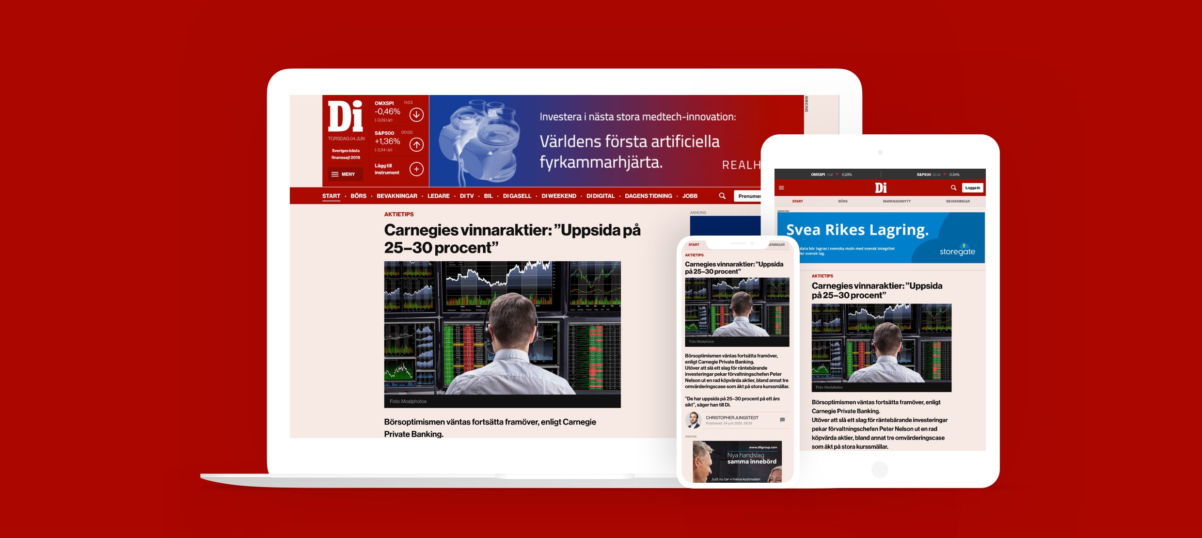Di digital news platform displayed on various devices with stock market article