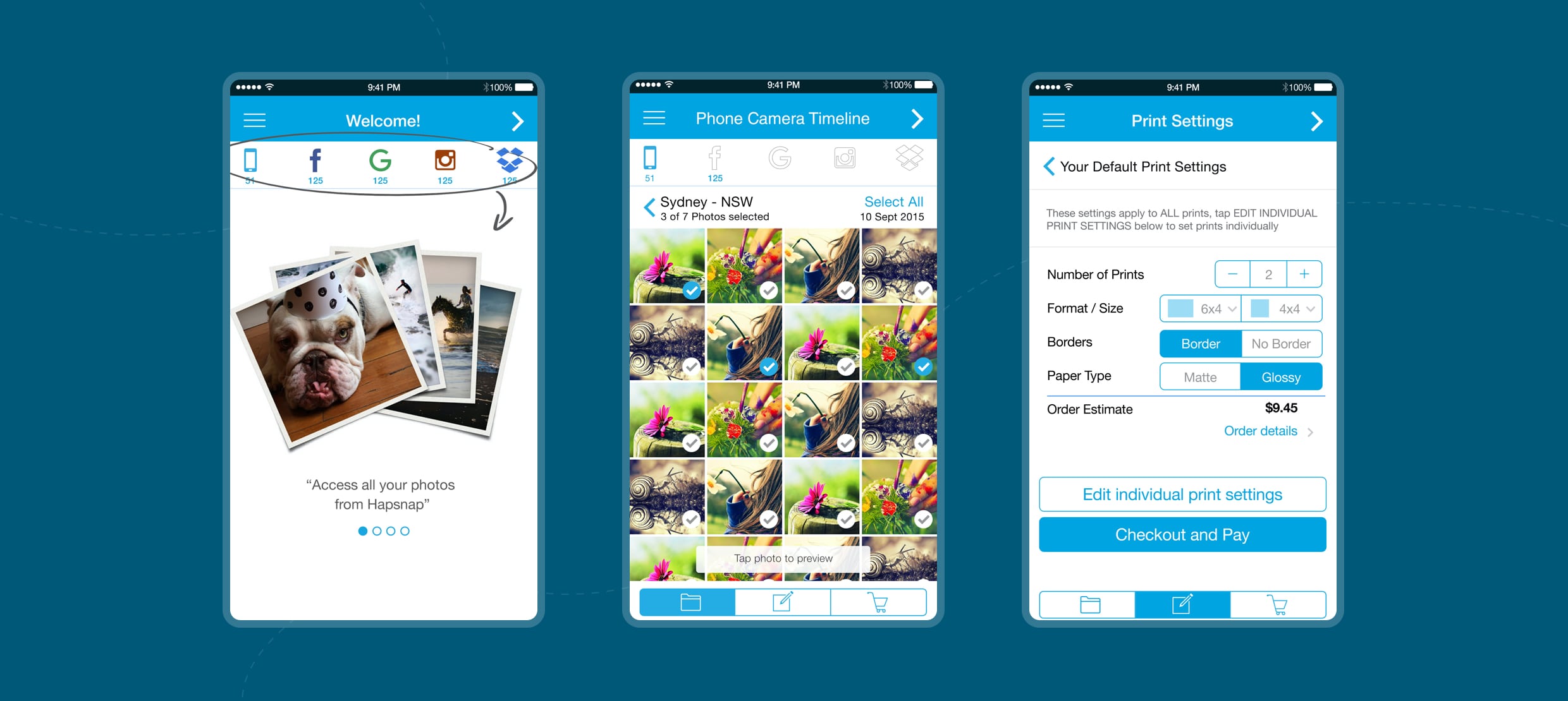 Mobile app interface for photo access, timeline, and print settings options