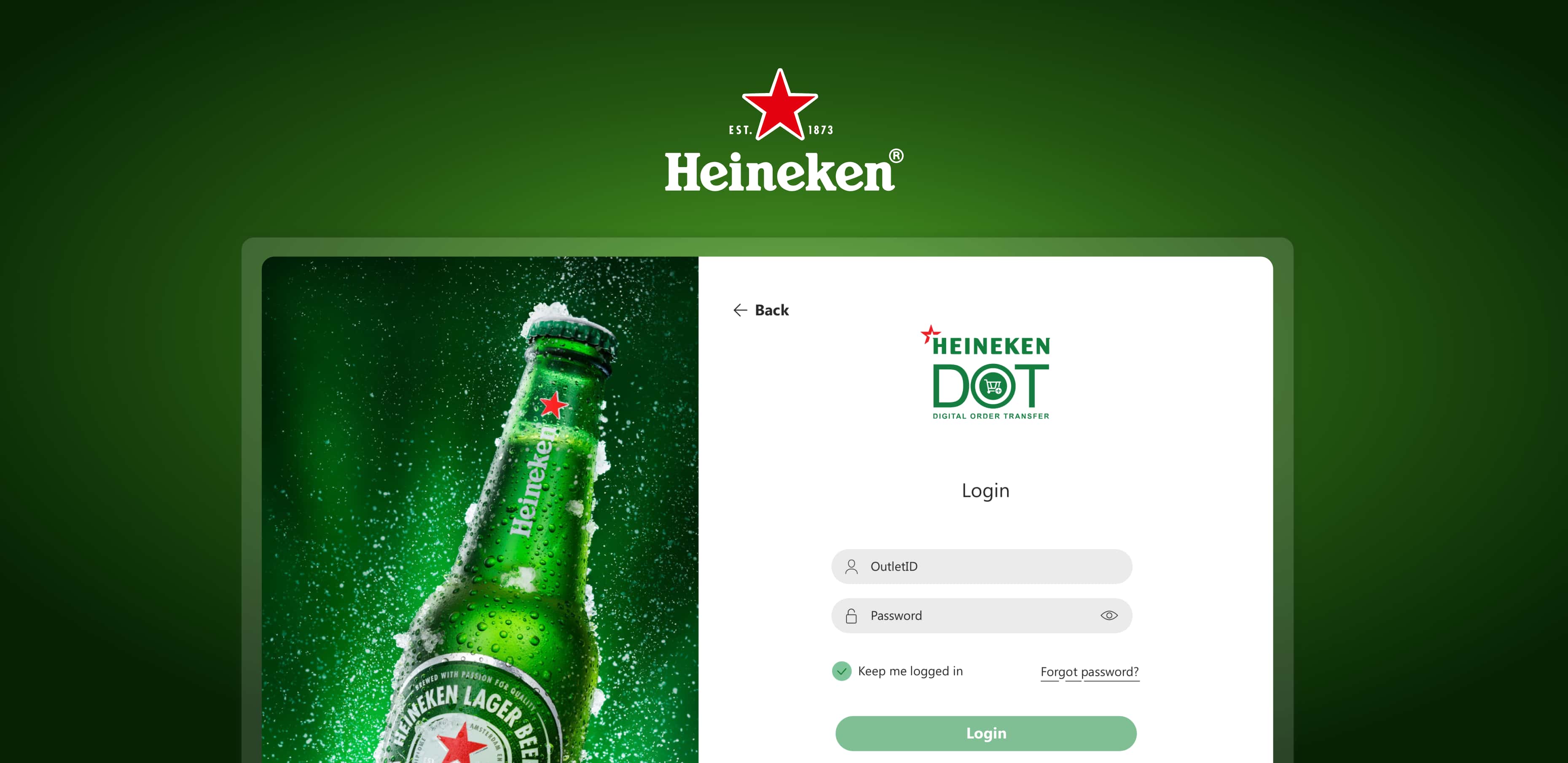 Heineken DOT login screen with a chilled Heineken lager beer bottle and green background