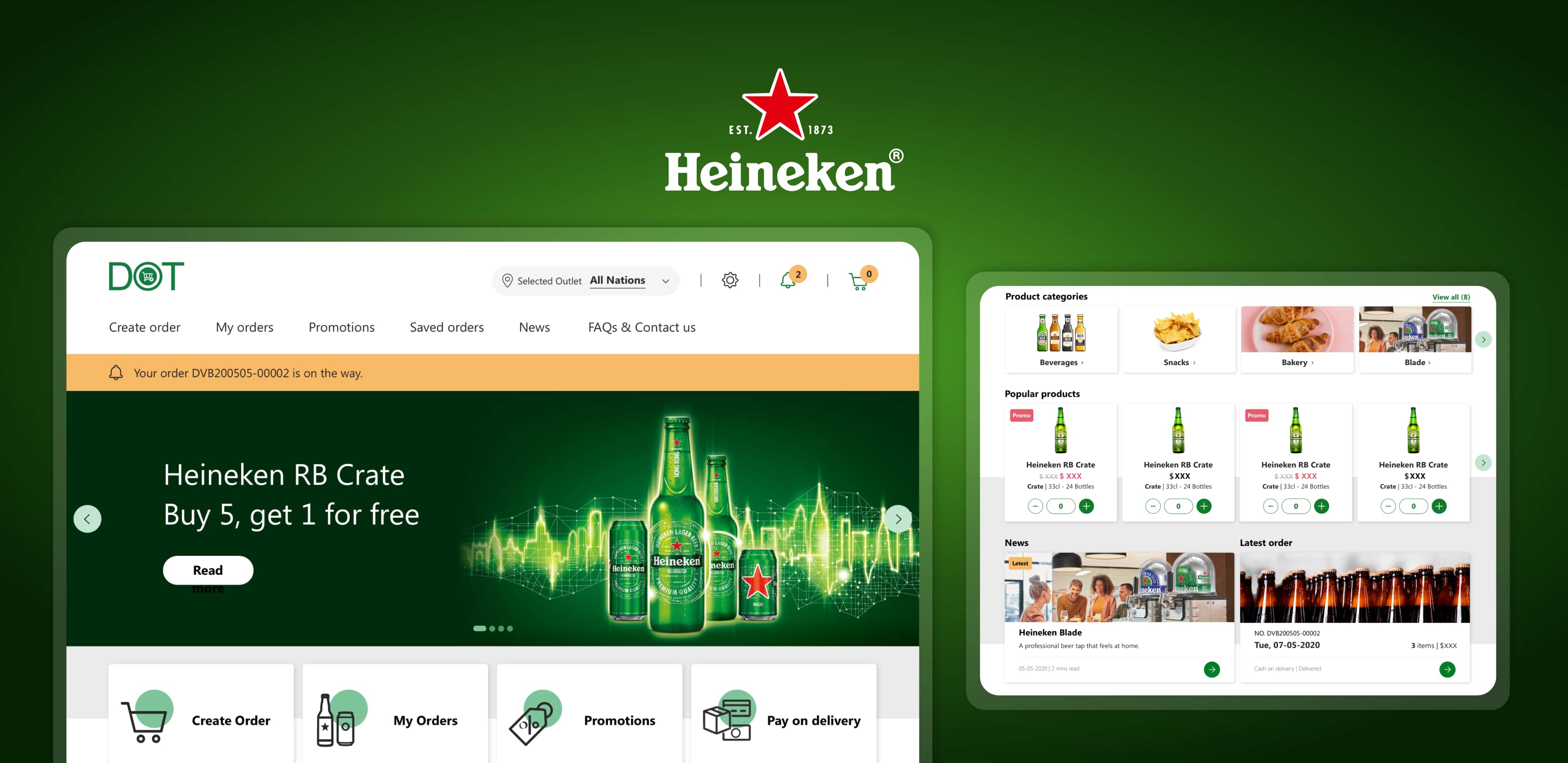 Heineken RB Crate promotion and online order interface with product categories and offers