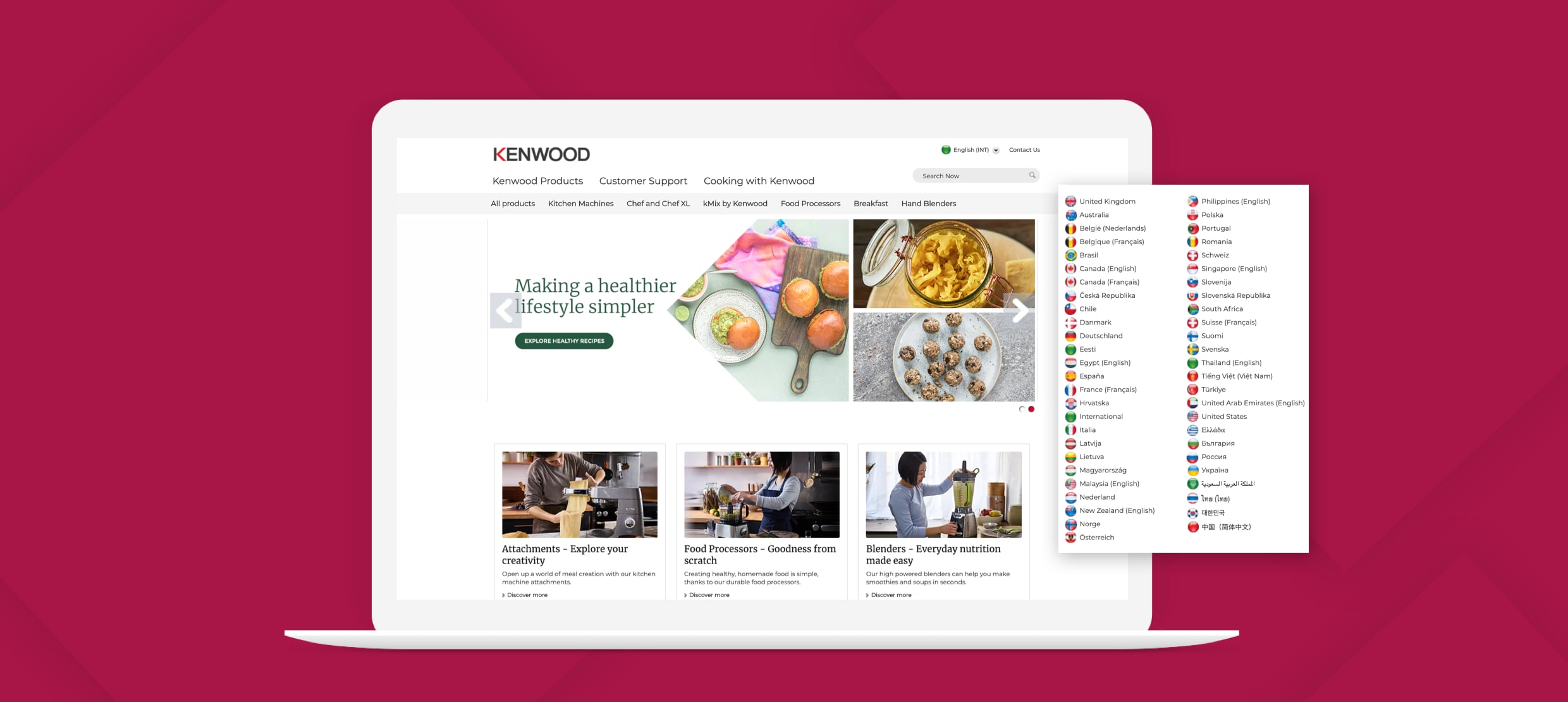 Kenwood website homepage showing kitchen machines, food processors, and blenders