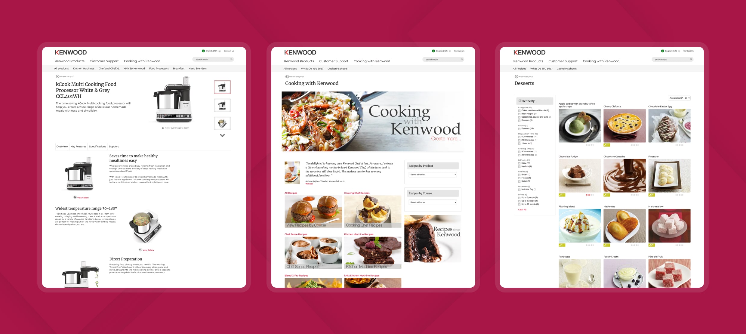 Kenwood website showcasing multi cooking food processor, recipes, and desserts