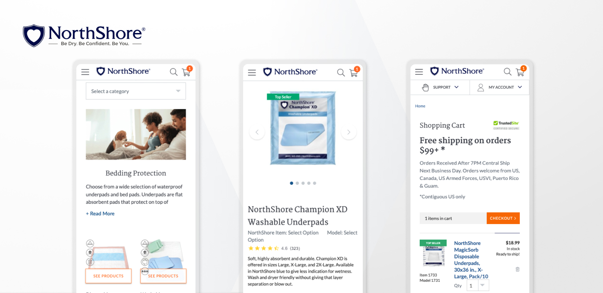 NorthShore waterproof bedding protection, Champion XD washable underpads, and shopping cart with free shipping on orders $99+