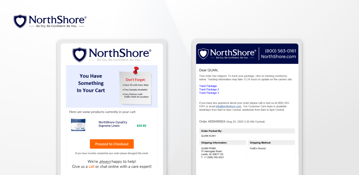 NorthShore email with cart reminder and order shipment tracking details