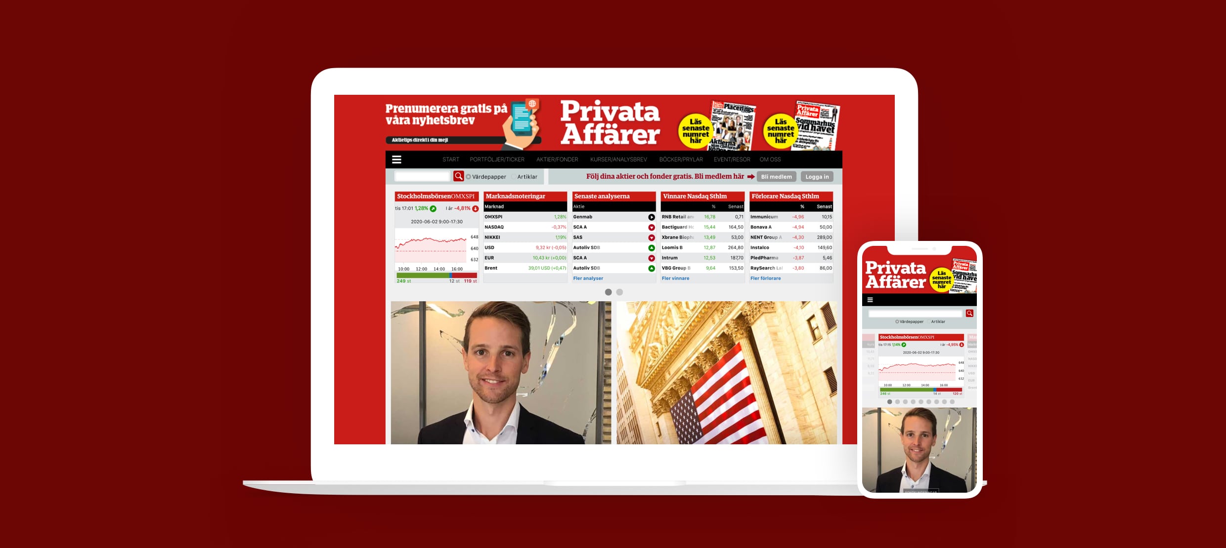 Privata Affärer website showing stock market data and investment news on devices