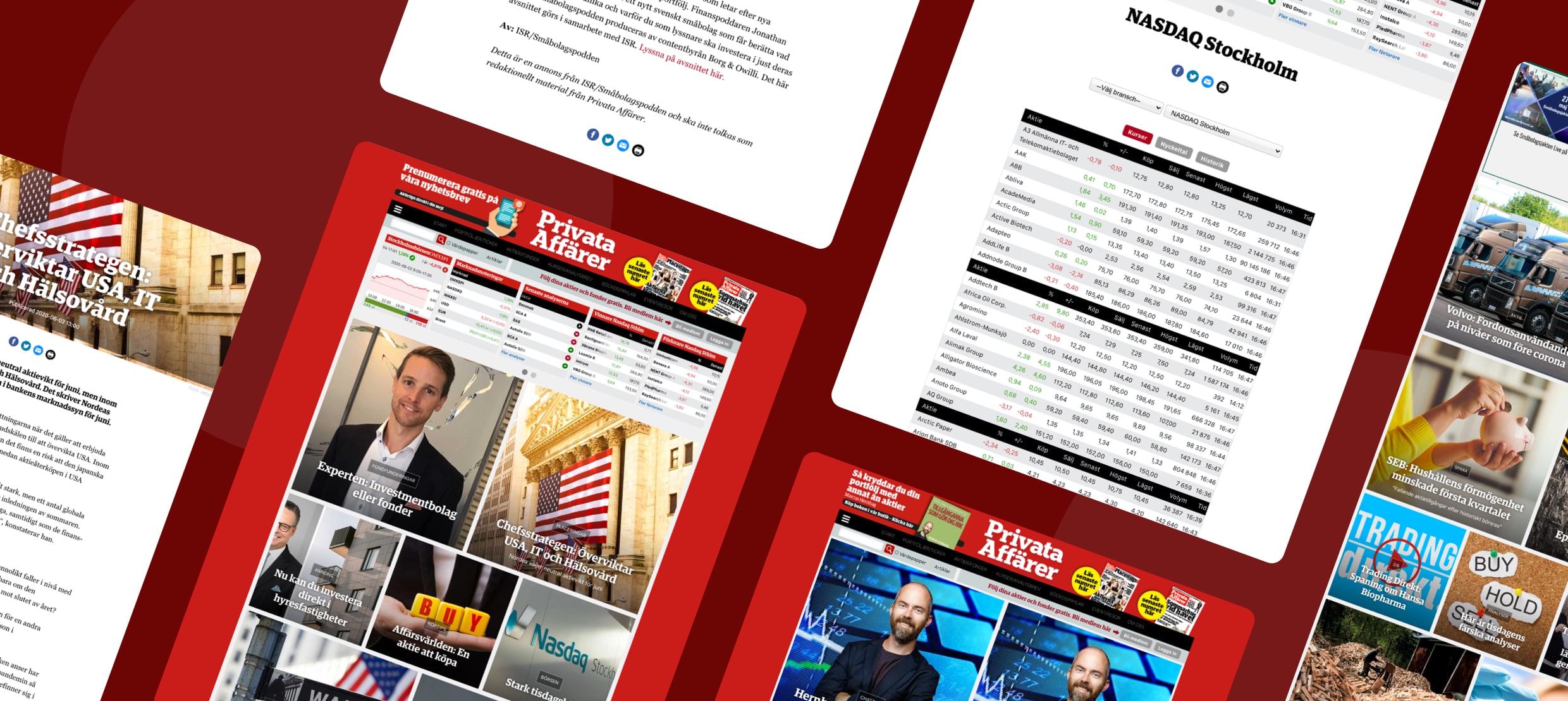 Privata Affärer website showcasing investment strategies, NASDAQ data, and financial news.
