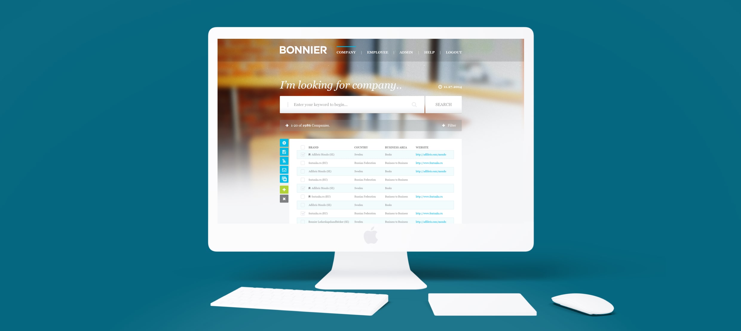 Search interface on Bonnier company database displayed on desktop monitor