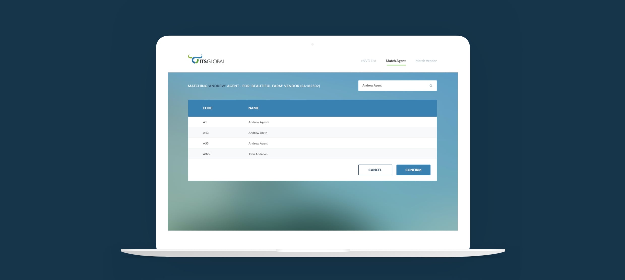 ITS Global agent match interface showing agent codes and names for vendor matching