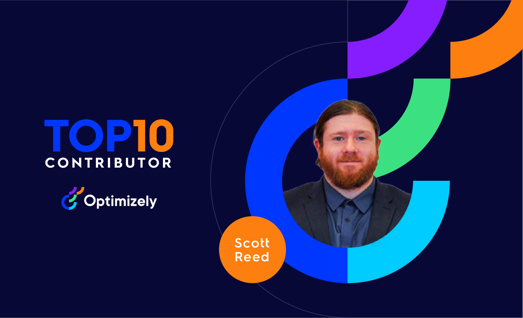 Top 10 Contributor Scott Reed featured by Optimizely with colorful abstract design
