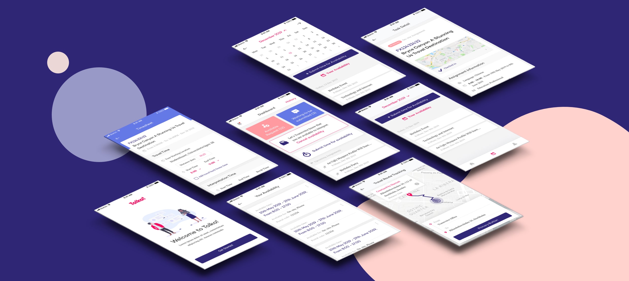 Mobile app screens showing task management and travel tracking features
