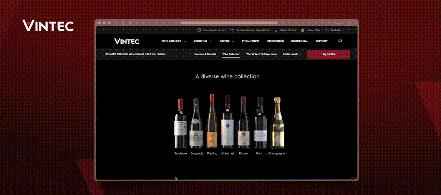 Vintec diverse wine collection with Bordeaux, Burgundy, Riesling, Cabernet, Rhone, Port, Champagne bottles