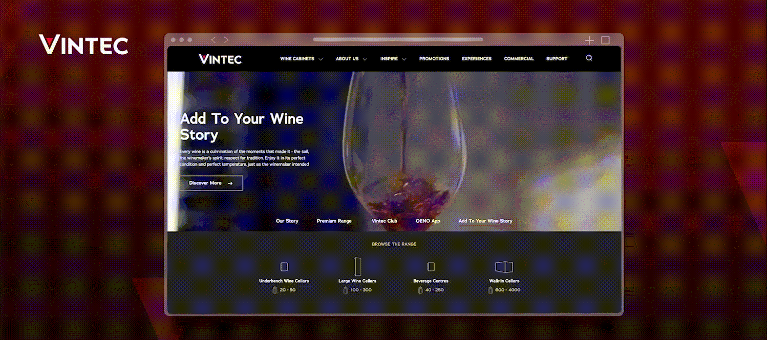 Vintec wine cabinets homepage showcasing wine storage options and stories