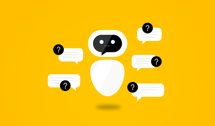 Chatbot icon with multiple question bubbles on yellow background for FAQ page