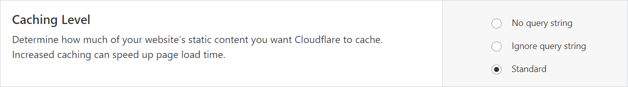 Caching level options in Cloudflare settings with Standard selected