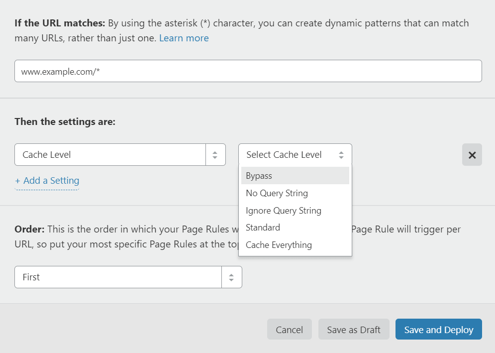 Page Rules setup showing URL matching with asterisk and cache level options dropdown