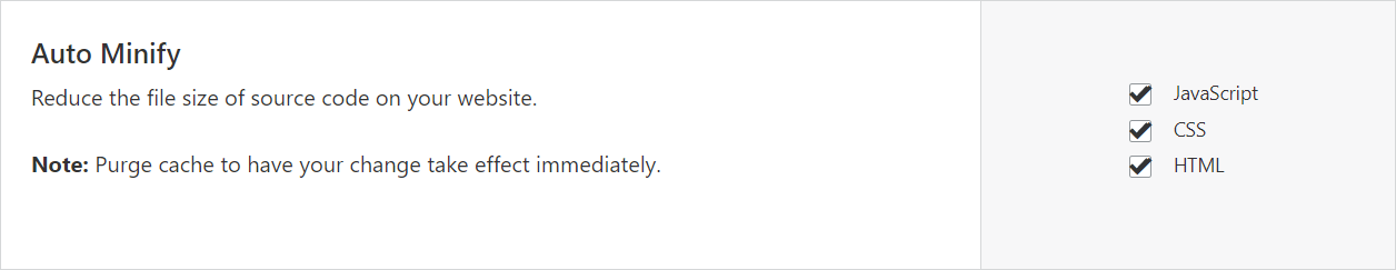 Auto Minify options enabled for JavaScript, CSS, and HTML to reduce file size