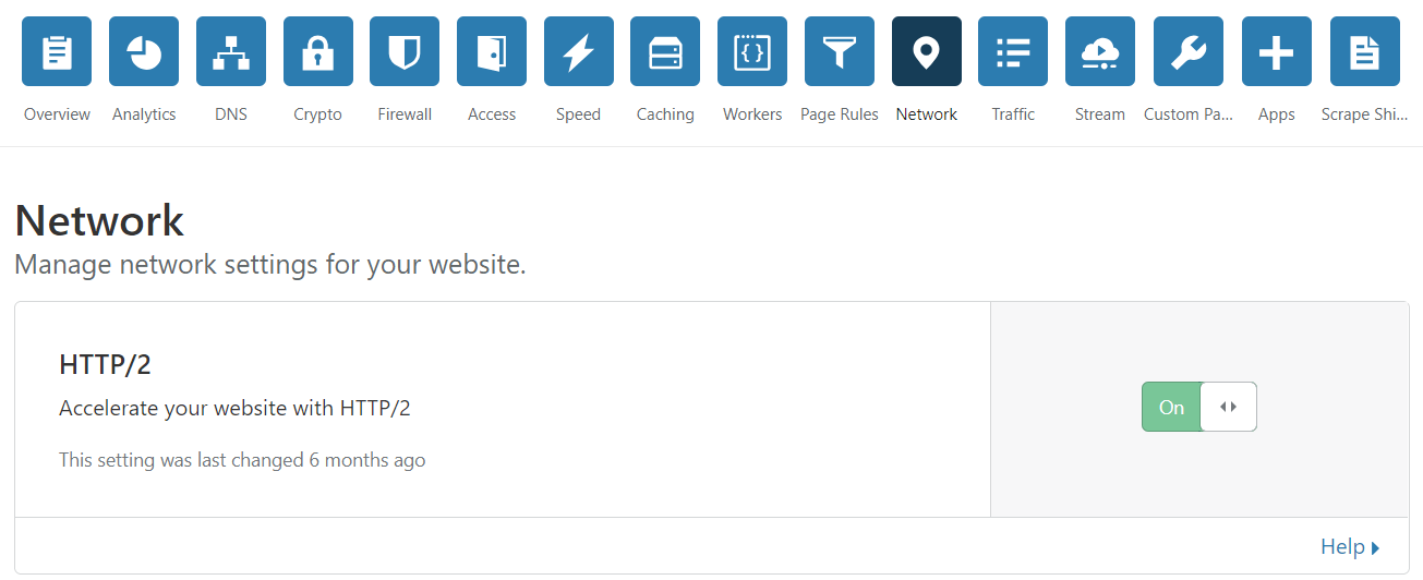 Network settings panel showing HTTP/2 enabled for website acceleration.
