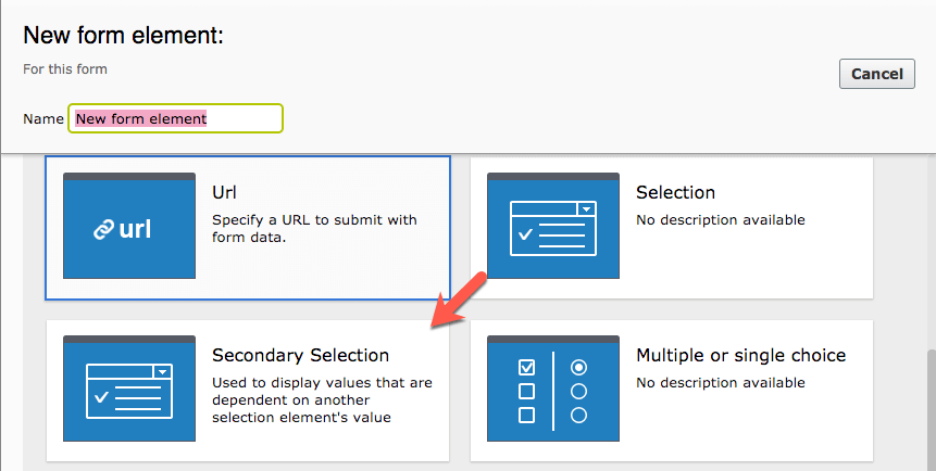 New form element selection options including URL, secondary selection, and choices