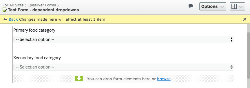 Dependent dropdowns form with primary and secondary food category selection options