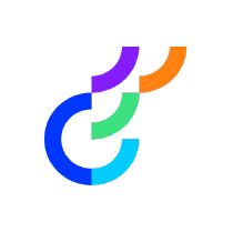 Colorful abstract icon with blue, purple, green, and orange curved shapes.
