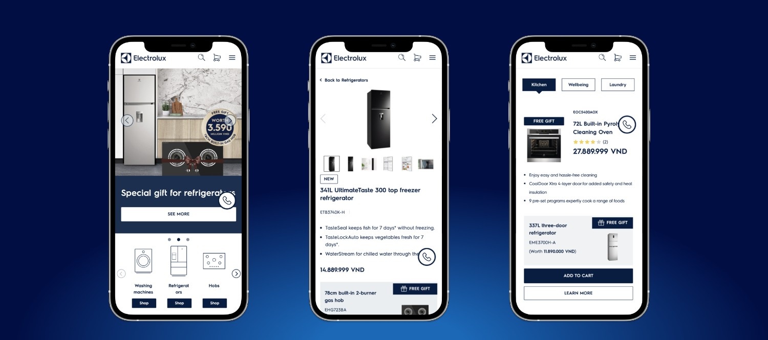 Electrolux mobile site showing refrigerators, ovens, and kitchen appliances with prices and offers