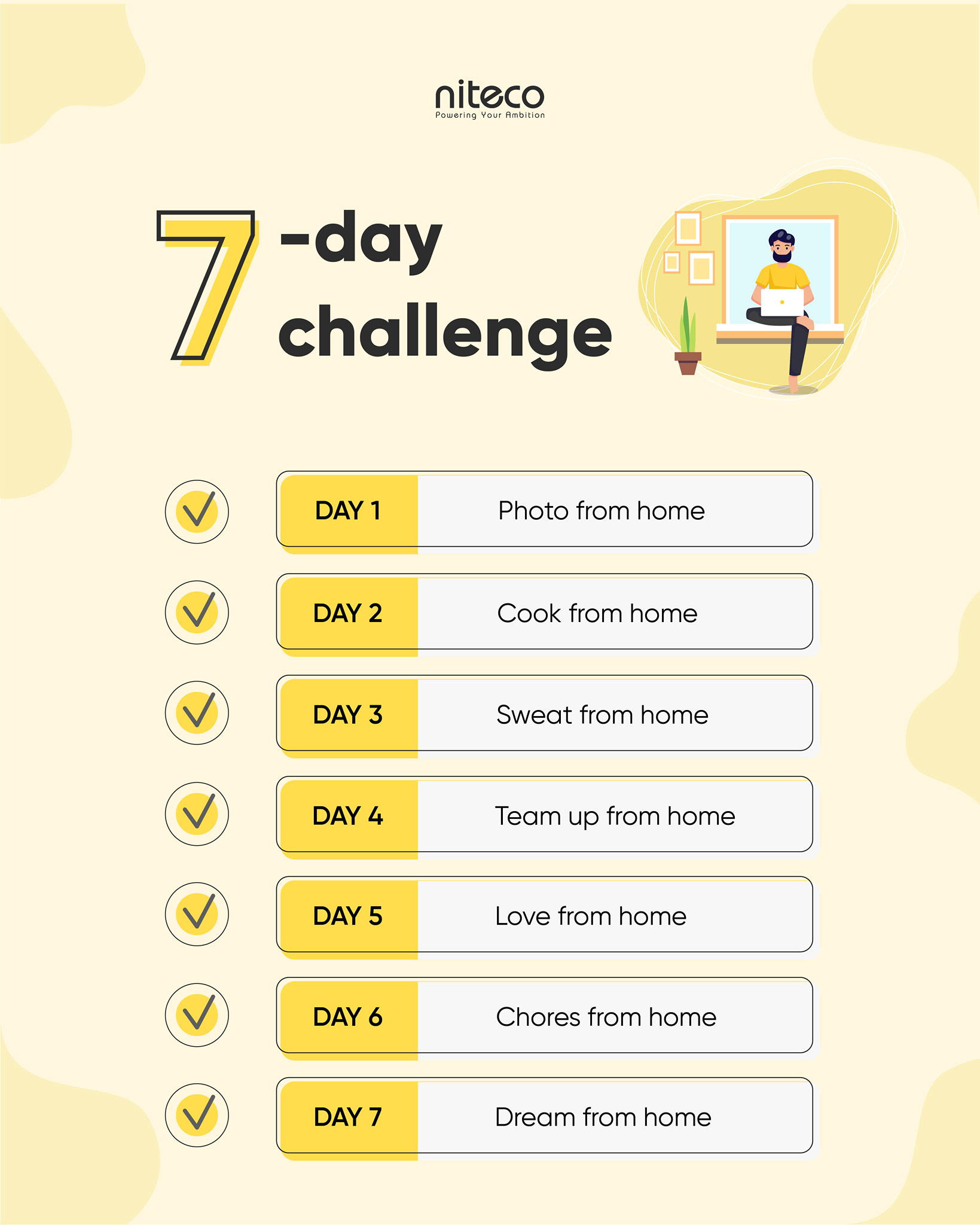 7-day challenge checklist with daily activities to do from home