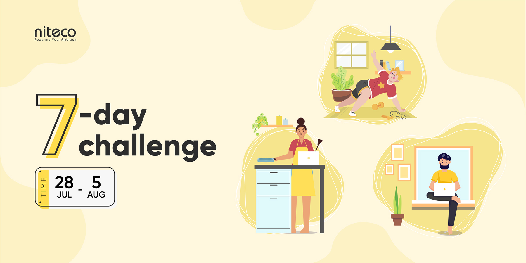 7-day challenge banner with dates 28 Jul to 5 Aug showing cooking and exercising activities