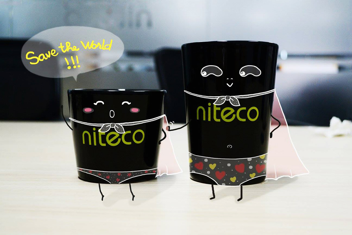 Animated Niteco cups wearing capes with "Save the World" message