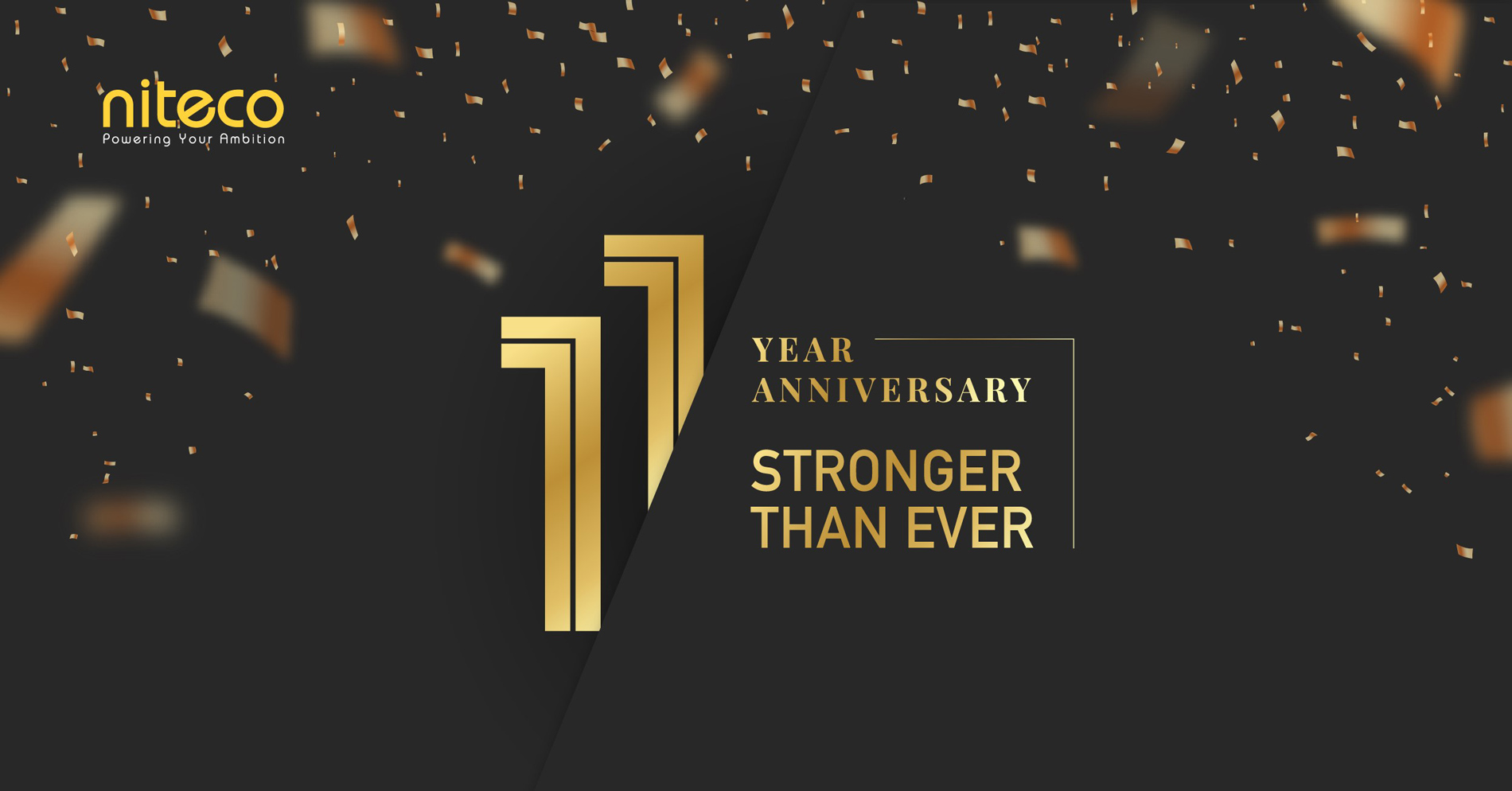 Niteco 11 year anniversary celebration with gold confetti and bold text