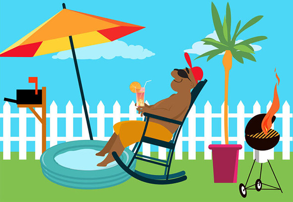 Dog relaxing in backyard with pool, umbrella, barbecue grill, and palm tree