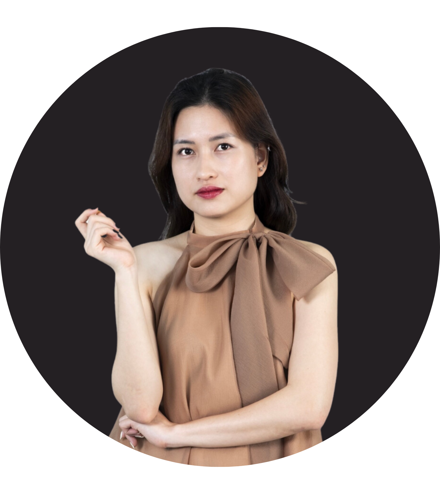 Young woman with confidence wearing brown sleeveless blouse with bow