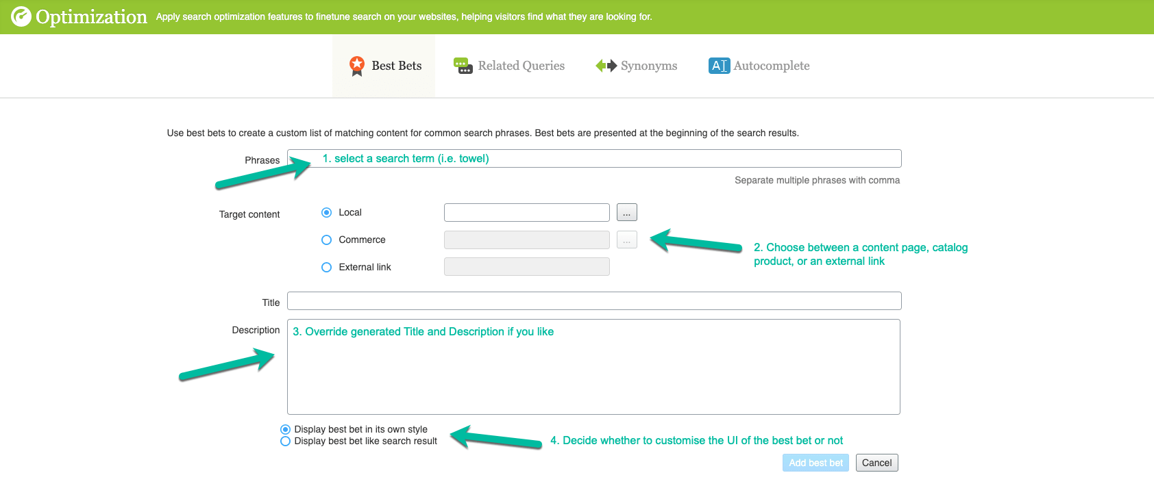 Optimization page showing steps to create best bets for search term customization.