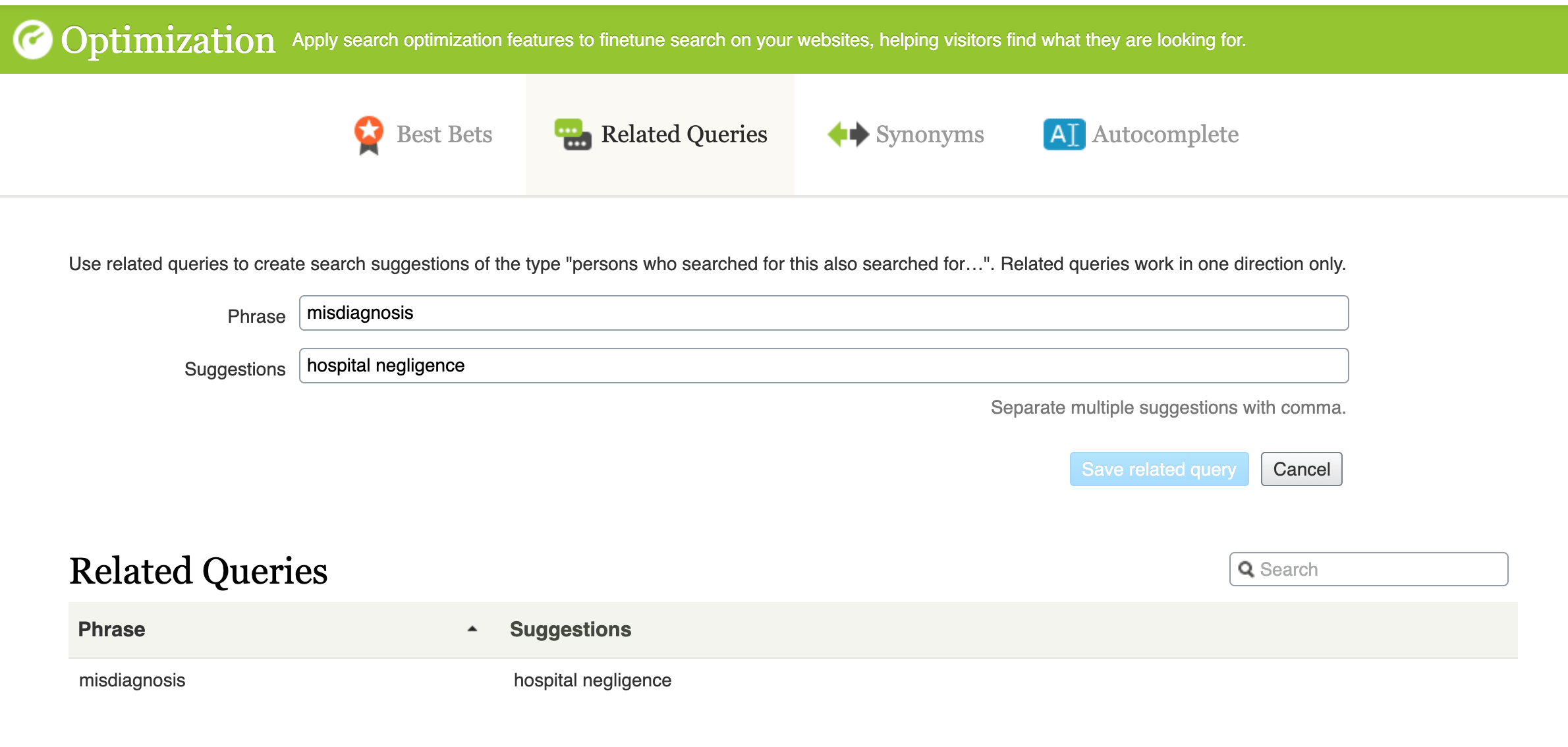 Optimization tool showing related queries for misdiagnosis including hospital negligence suggestions