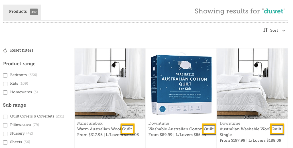 Duvet product listings with washable Australian cotton quilts for kids and adults