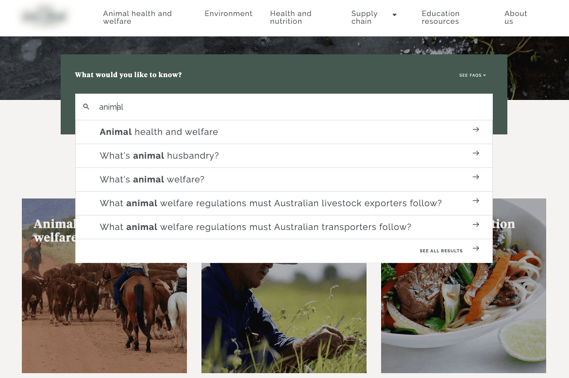 Search dropdown showing animal welfare questions on an animal health and welfare page