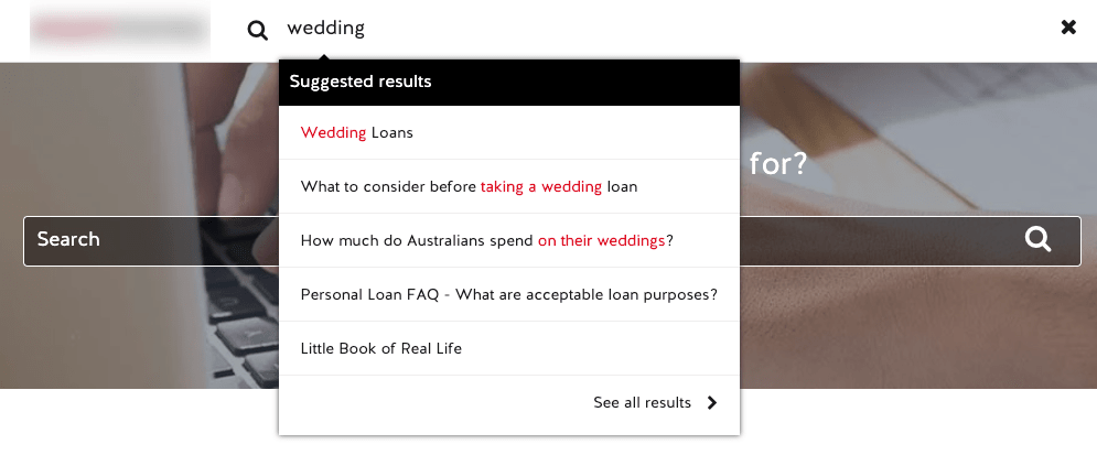 Search bar showing suggestions for wedding loans and wedding expenses questions