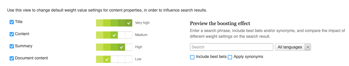 Weight value settings for content properties to influence search results preview