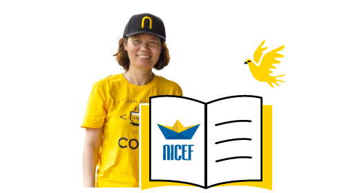 Smiling volunteer wearing NICF shirt and hat with open NICF brochure and dove icon