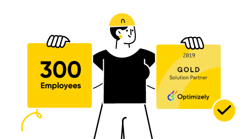 Person holding signs showing "300 Employees" and "2019 Gold Solution Partner Optimizely" award.