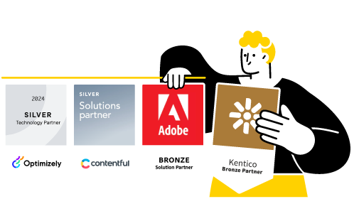 Silver and Bronze technology partners badges including Adobe, Kentico, Contentful, and Optimizely