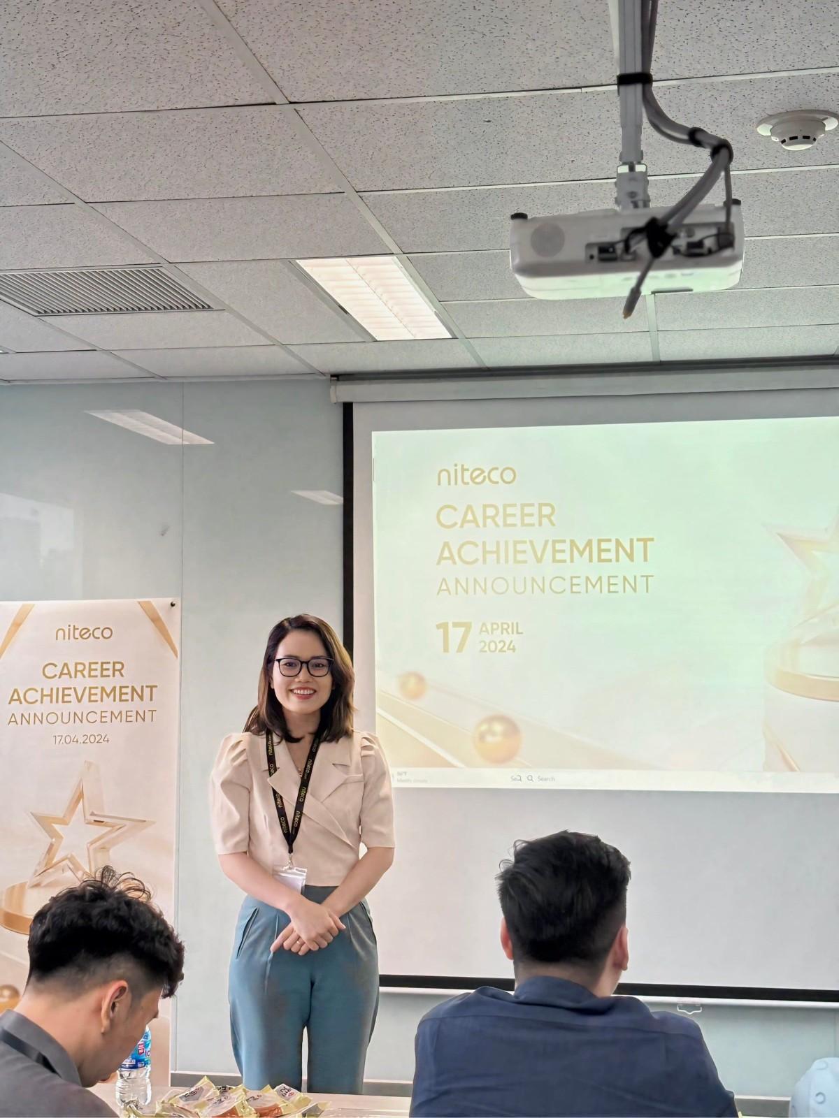 Niteco career achievement announcement presentation on April 17, 2024, with speaker