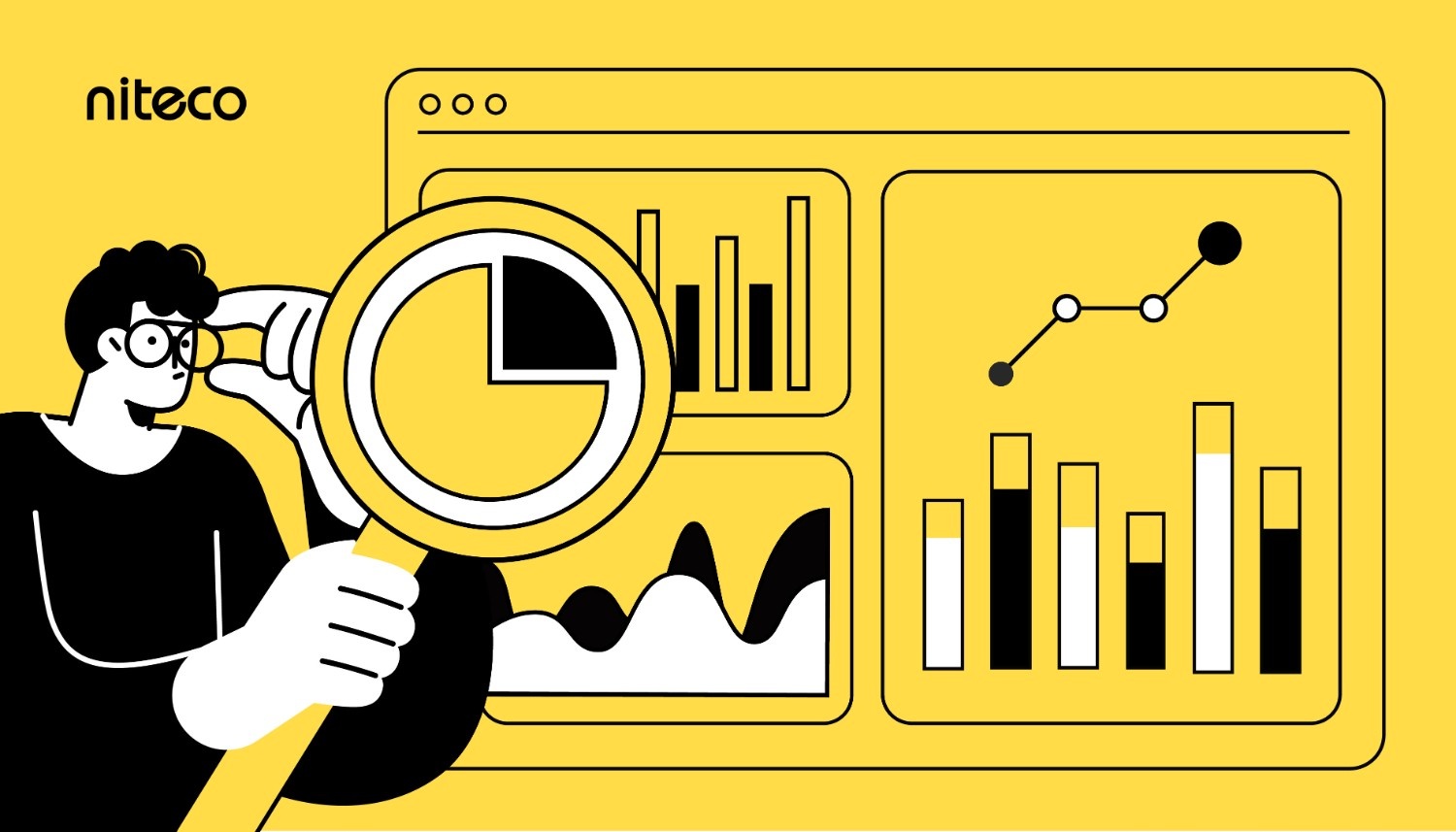 Person analyzing data with magnifying glass and charts on analytics dashboard