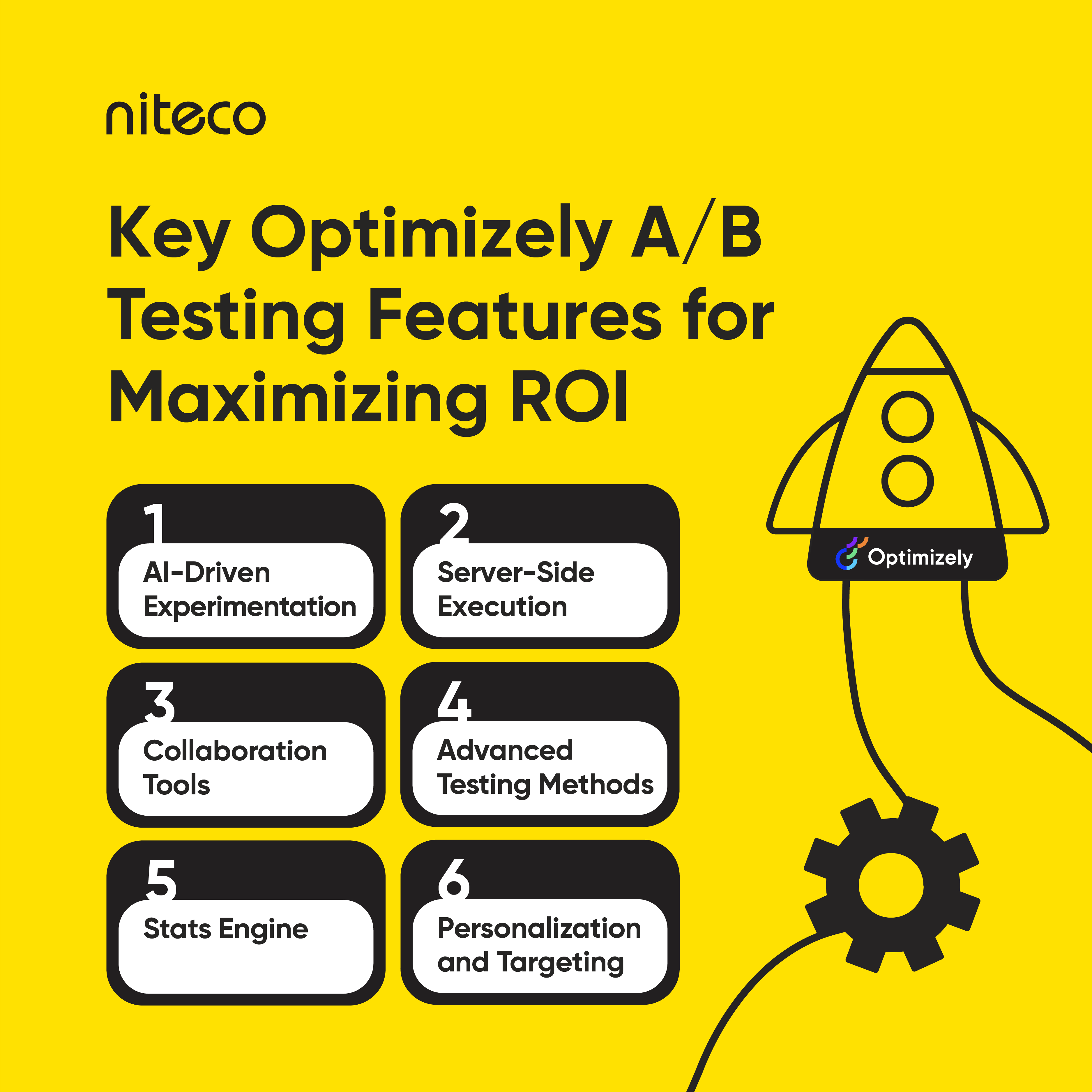 Key Optimizely A/B Testing features: AI, Server-Side, Collaboration, Stats, Personalization