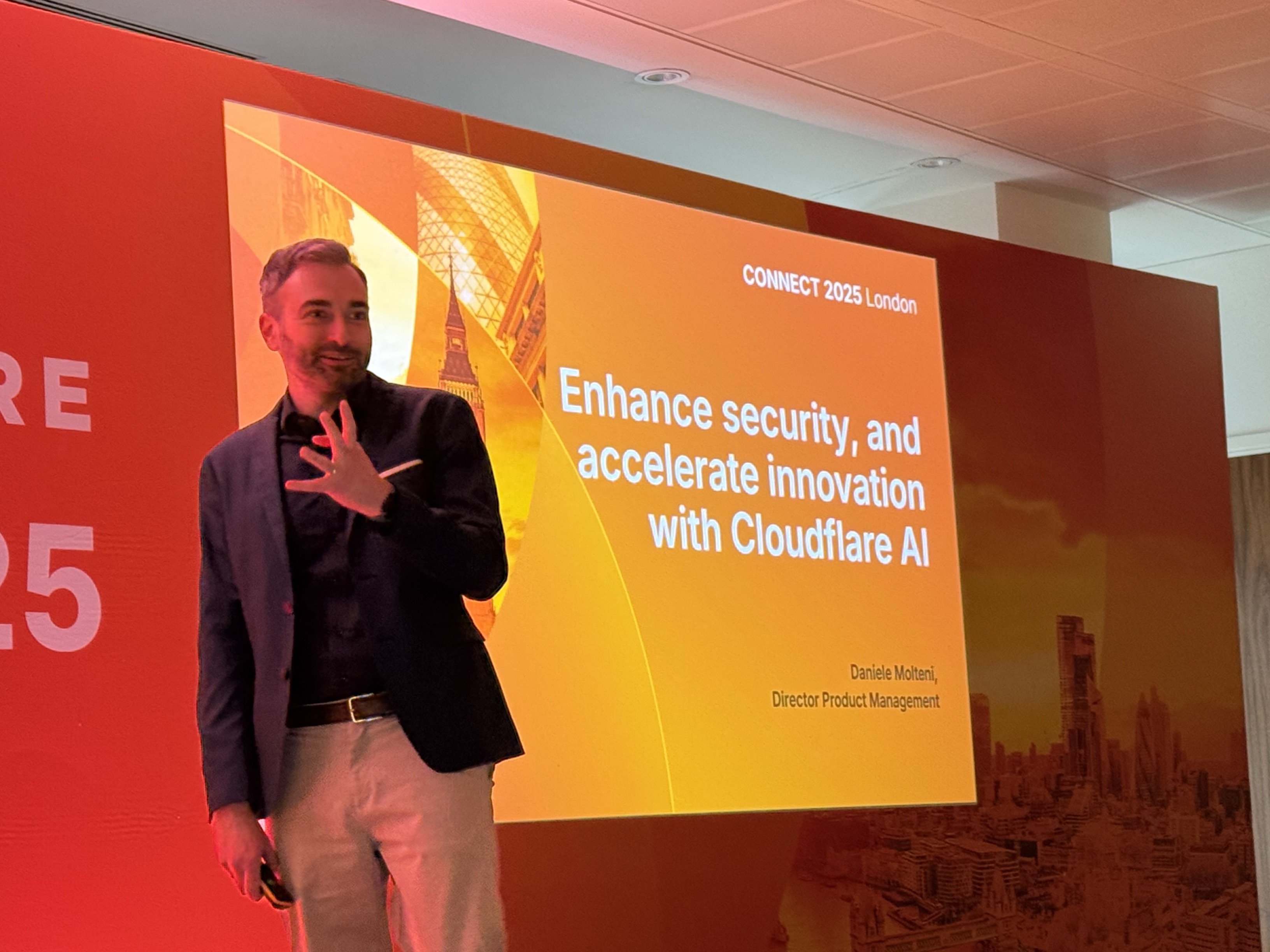 Daniele Molteni presenting Cloudflare AI to enhance security and accelerate innovation